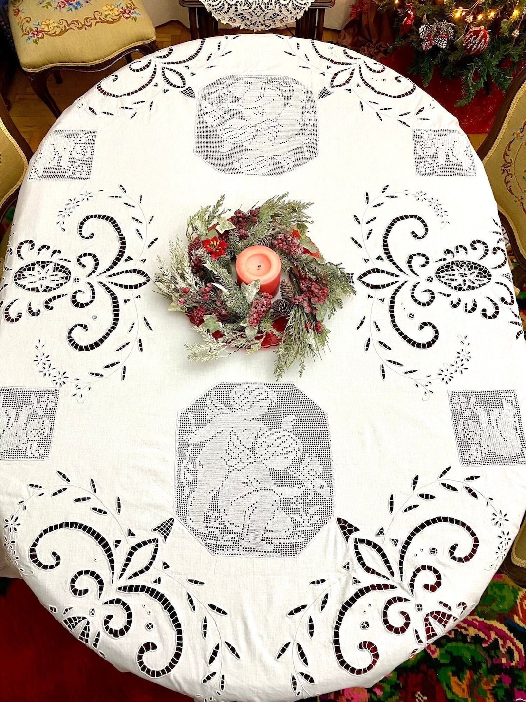 White Embroidered Openwork Tablecloth, Cottage Chic Richelieu Cutwork