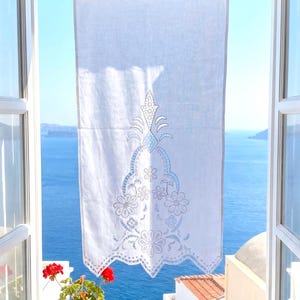Tenda da finestra in lino bianco – Ricamo a mano con motivo geometrico e floreale Richelieu (35,4 × 17,7 pollici)