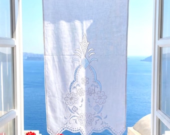 90 x 44 cm Leinen Fenstervorhang mit geometrischer und floraler Stickerei