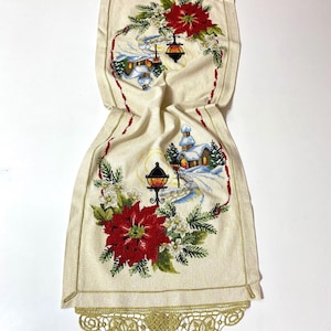 Weihnachtssterne Tischläufer – Handgestickter festlicher Leinen Läufer (Vintage Weihnachtsdekor)