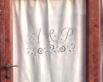 Rideau café en lin personnalisé avec monogrammes - Broderie découpée à la main - Rideau de fenêtre de mariage personnalisé