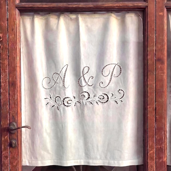 Custom Linen Cafe Curtain with Monograms – Hand Cutwork Embroidery – Personalized Wedding Window Curtain