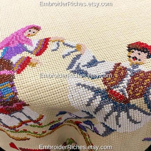 Embroidered Greek Tsolias Tablecloth: Beige Cotton Cross Stitch, Large Table Cover