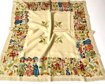 Greek Ottoman Wedding, Epirus Hand-Embroidered Tablecloth &quot;Η Γαμήλια Πομπή,&quot; Traditional Folklore, Linen Figurative Greece