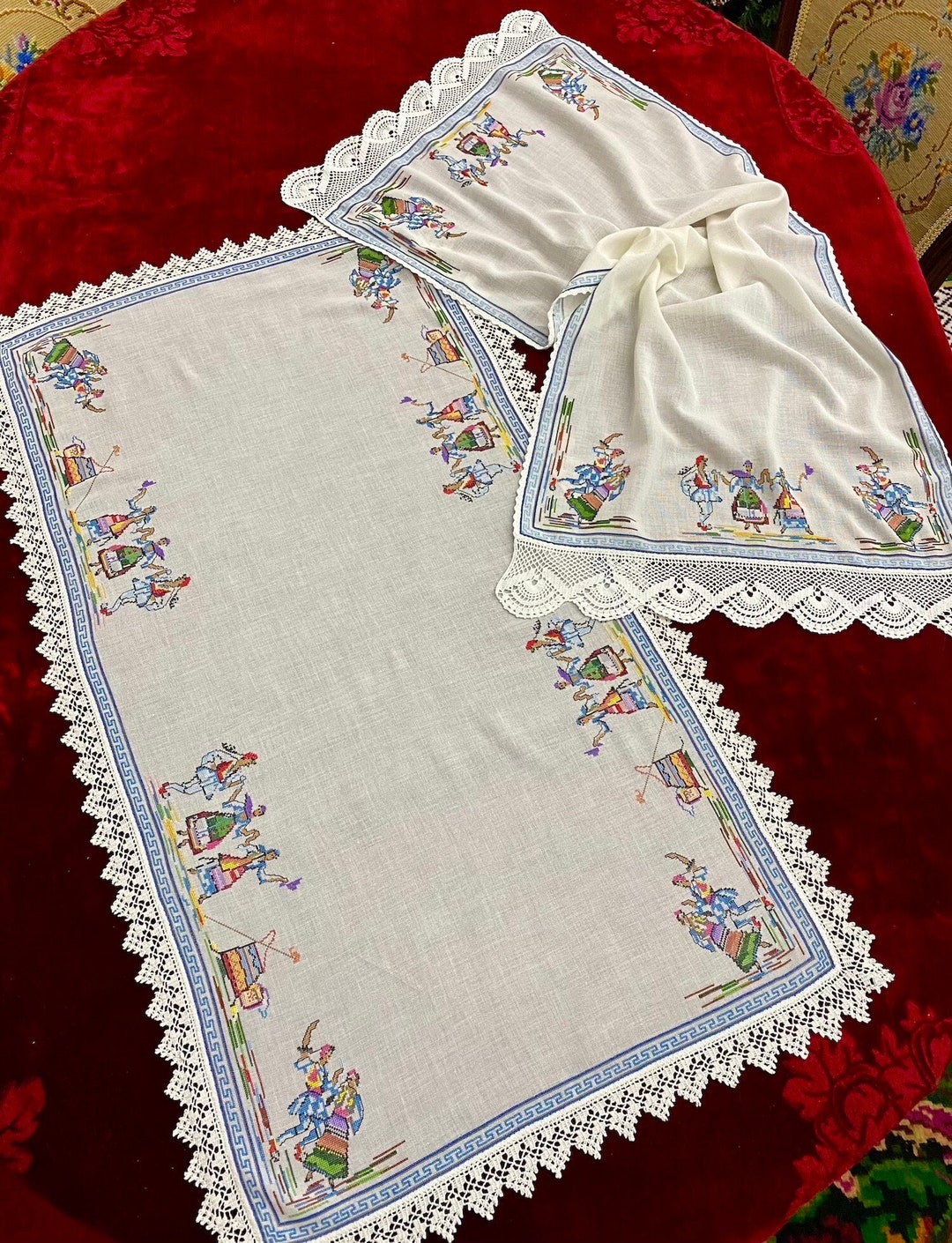 Greek Traditional Tablecloth Embroidery, Handmade Table Cloth Greece, Vintage Finds, Coffee