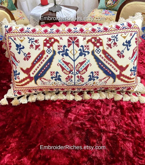 Folk Macedonian Birds Pillow Hand Embroidered Pillow Cover Vintage Handmade Cushion Cover Traditional Elegant Long Pillow Case Lumbar Etsy