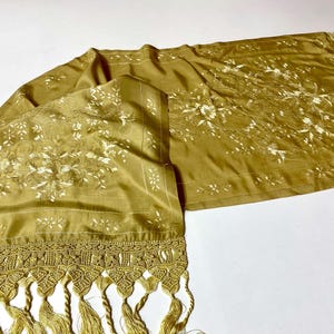 Vintage Hand Embroidered Silk Table Runner: Gold Macrame Ends