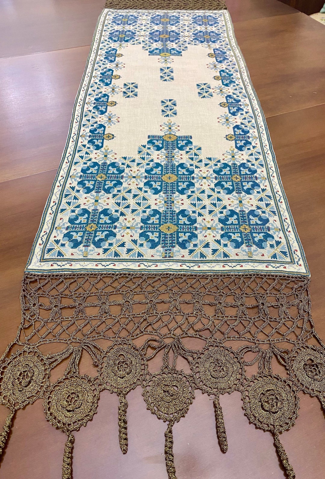 Blue Patterned Table Runner Long Vintage Table Cover Lacy Etsy