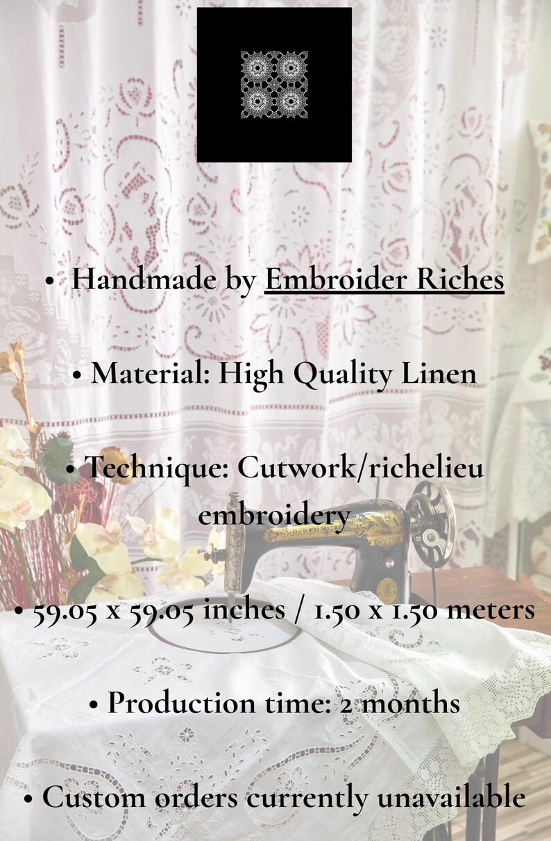 Classical Cutwork Handmade Tablecloth – White Linen Dining Centerpiece (Wedding decor art) image 3