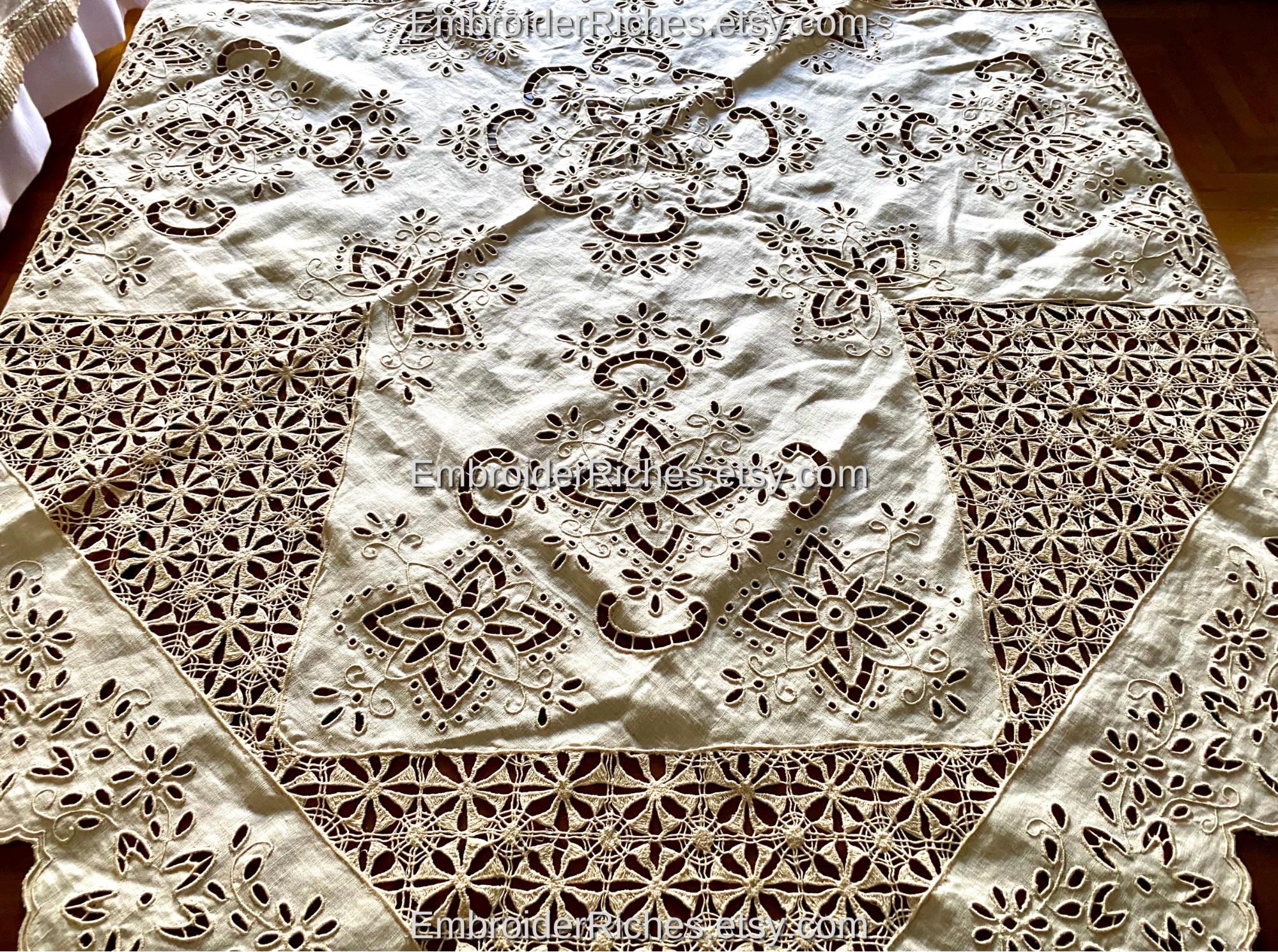 New, Handmade Linen Table Cloth, Azur Embroidered White Tablecloth ...