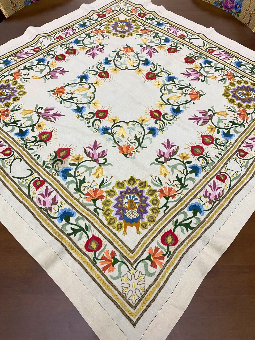 Byzantine Embroidered Table Cover, Handmade Colorful Table Cloth, High