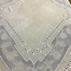 Gray Fruit Embroidered Linen Tablecloth – Handmade Country Kitchen Cover (Rustic Cottage Style)