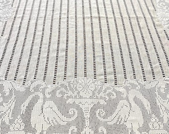 White Swan Embroidered Tablecloth – Handmade Linen Victorian Table Cover (Elegant Vintage Decor)