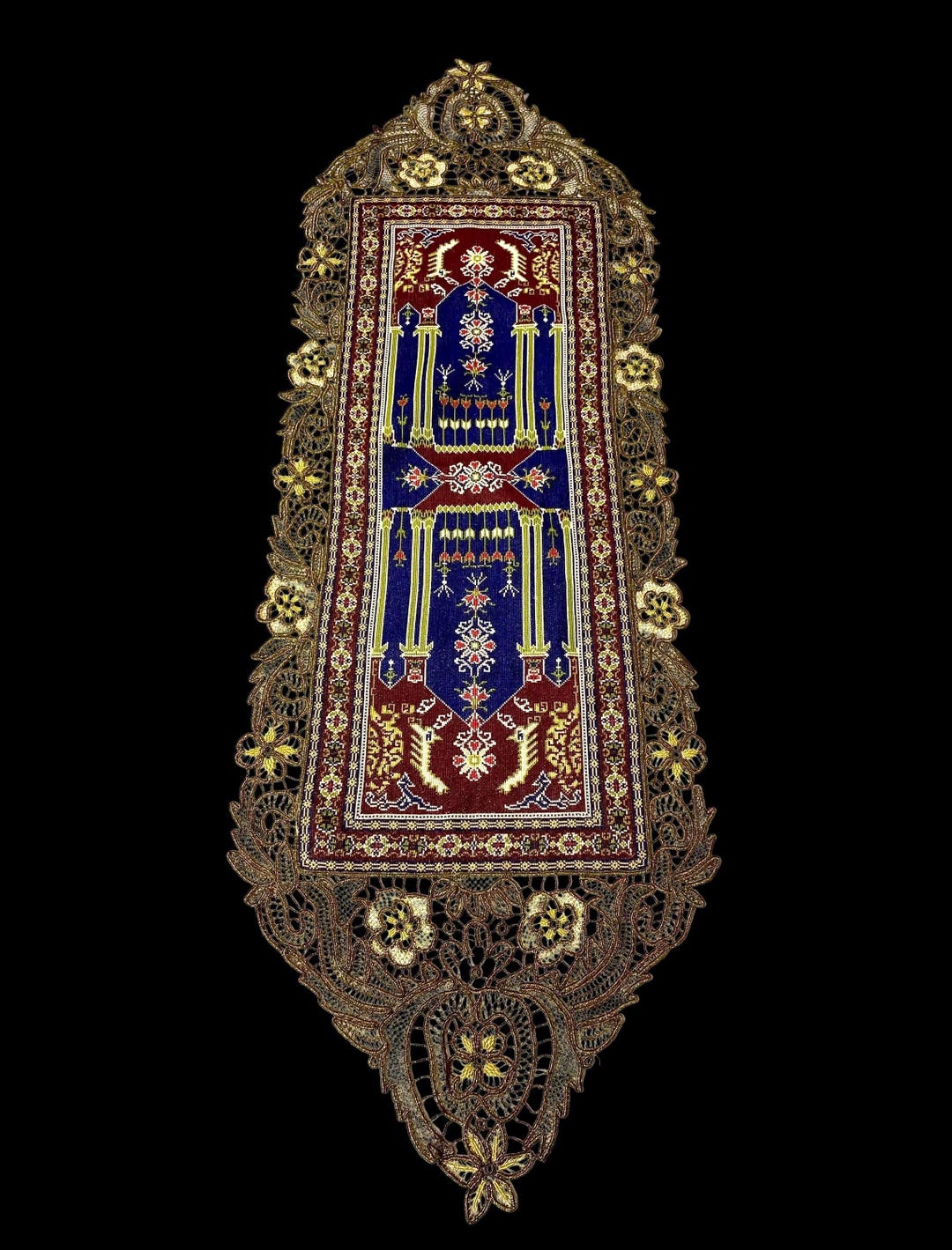 Vintage Embroidered Lace Table Runner: Greek Prayer Carpet Design