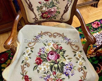 Flower Chair Cover Set Vintage Bloom Hand Embroidered Floral Elegance French Art Nouveau Chateau Decor Antique Floral Embroidery Armchair Etsy