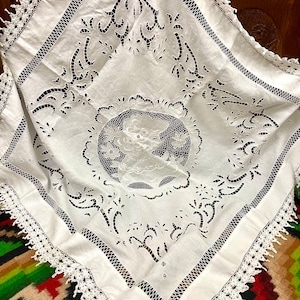Hand-Embroidered White Linen Table Cover: Vintage Cutwork Richelieu