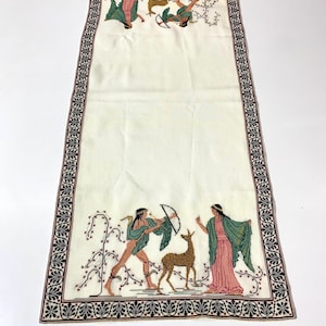 Hand Embroidered Greek Goddess Table Runner: Aphrodite & Artemis