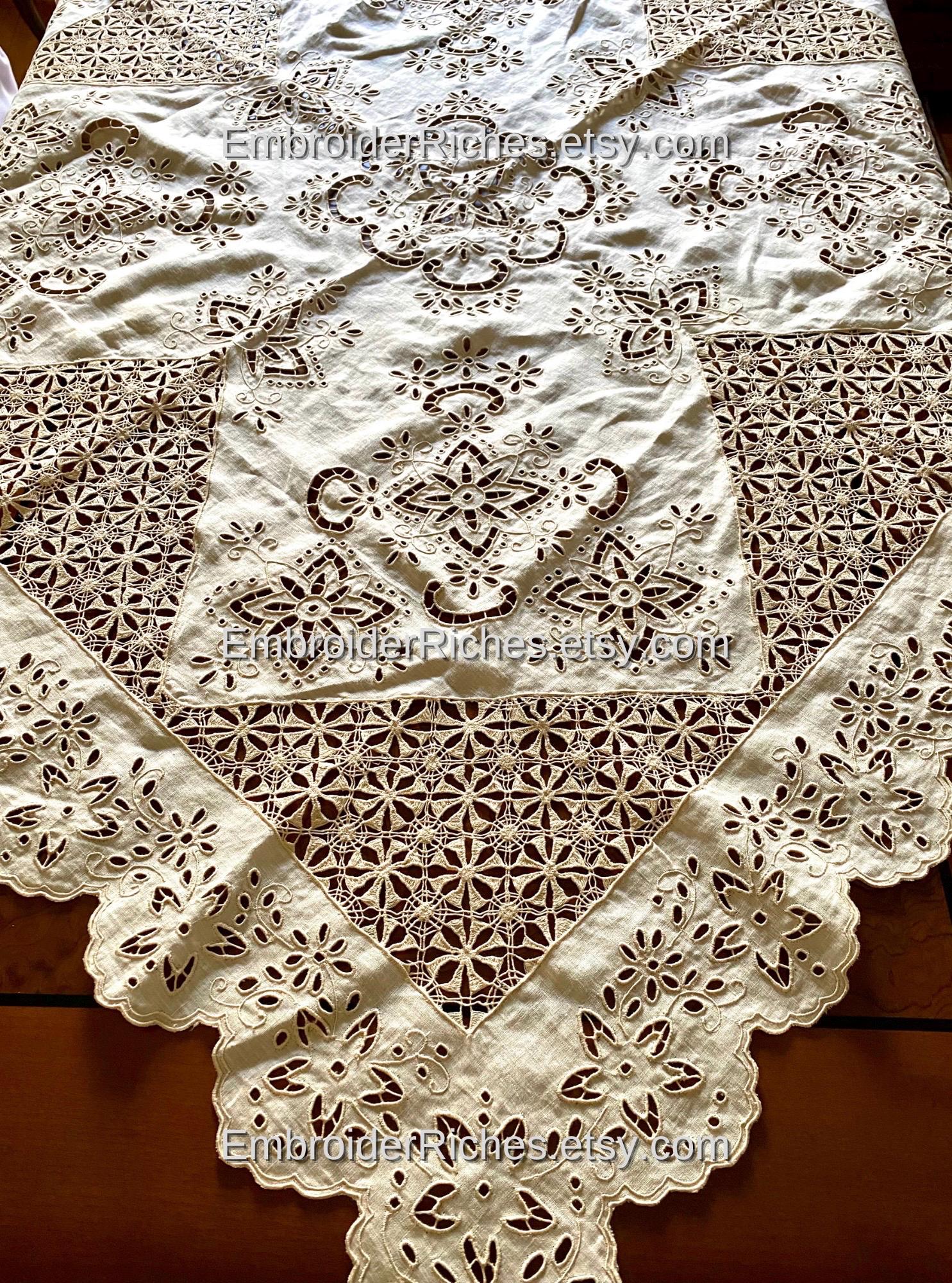New, Handmade Linen Table Cloth, Azur Embroidered White Tablecloth ...