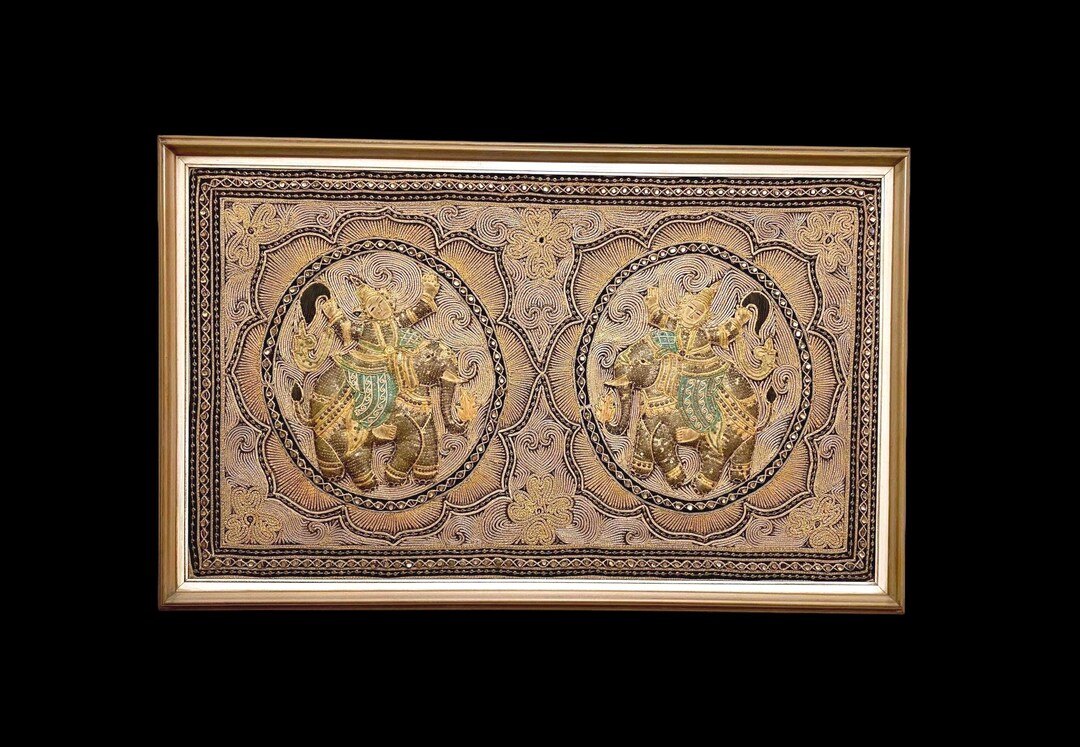 古いビルマのカラガタペストリー、象と神話の手刺繍の壁画、ミャンマー