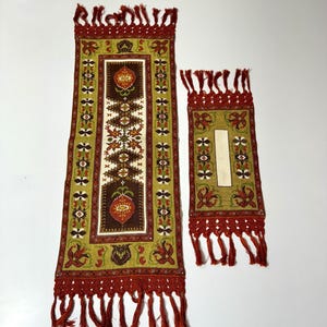 Vintage European Table Runner Set: Handmade Macrame & Cross-Stitch
