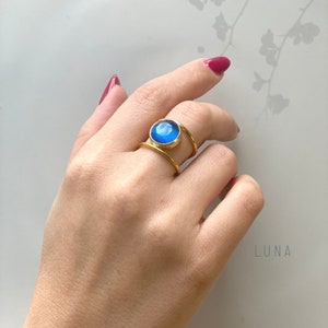 Blauwe toermalijn ring, blauwe topaas ring, vergulde bronzen verstelbare ring,