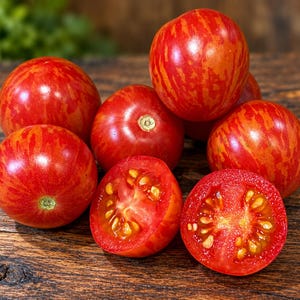 May include: A collection of round, red cherry tomatoes with distinct yellow-orange vertical stripes. Several tomatoes are whole, while two are sliced in half, revealing the moist, seeded interior flesh and a vibrant red color.