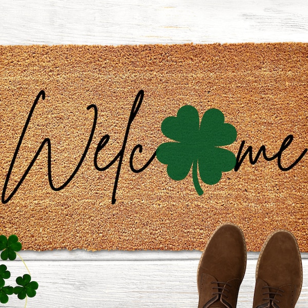 Welcome Shamrock Doormat, St. Patrick's Day Doormat, Housewarming Gift, Welcome Door Mat, St Patricks Day Decor, Spring Porch Decor