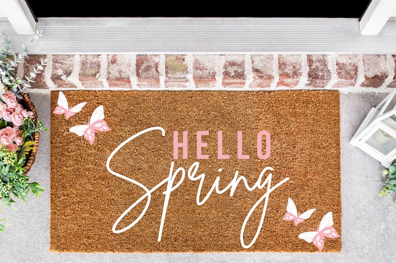 Hello Spring Doormat with Butterflies, Spring Season, Doormat, Porch Decor, Welcome Mat, Home Decor image 1