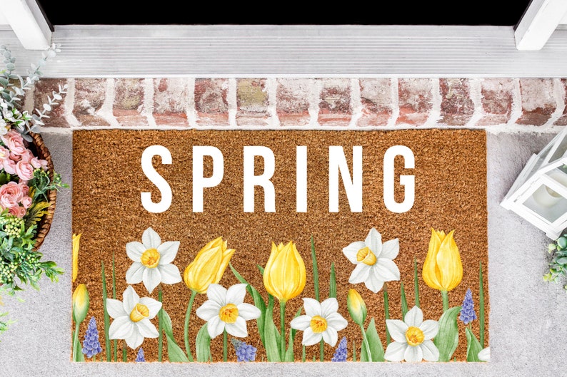 Spring Doormat, Spring Doormat with Flower Design, Doormat, Seasonal Doormat, Porch Decor, Welcome Mat image 1