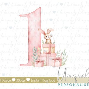 1st birthday girl rabbit clipart, pink number one, digital download, transparent png, sublimation t shirt design, watercolour party decor