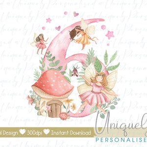 6e verjaardag meisje fee clipart, roze nummer één, digitale download, transparante png, sublimatie t-shirtontwerp, aquarel feestdecor