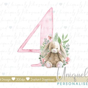 4th birthday girl rabbit clipart, pink number one, digital download, transparent png, sublimation t shirt design, watercolour party decor