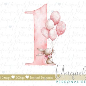 1st Geburtstag Mädchen Kaninchen Clipart, pinke Nummer eins, digitaler Download, transparente png, Sublimation T-Shirt Design, Aquarell Party Dekor