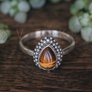 Pear Tiger Eye Ring: Sterling Silver Beaded Statement Ring