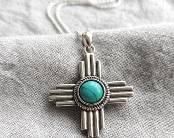 Turquoise Zia Sun Symbol Pendant: Southwestern Sterling Silver Necklace