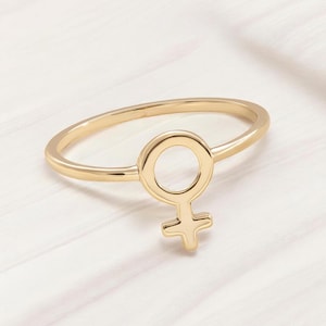 Female Power Ring - Gold Feminist Symbol, Dainty Stackable Band, Women&#39;s Empowerment Jewelry, Bestie Soulmate Gift