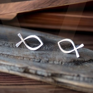 925 Silver Ichthus Fish Stud Earrings, Minimalist Christian Symbol, Everyday Silver Fish
