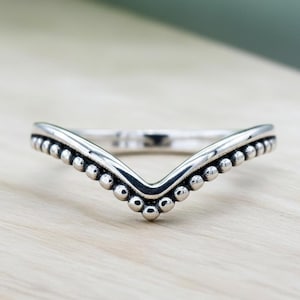 Sterling Silver Chevron Ring — V Shaped Beaded Band — Wishbone Stackable Ring for Women