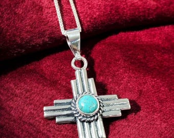 Turquoise Zia Sun Symbol Pendant: Southwestern Sterling Silver Necklace