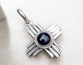 Sterling Silver Onyx Cross Pendant \ Southwest Zia Sun Boho Western Charm \ Boho Southwestern Jewelry Gift