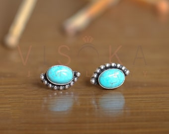 TURQUOISE STUDS, Real Crystal Jewelry, Light BLUE Earrings, 925 Sterling Silver Gemstone Oxidized Earrings Studs Present for Her