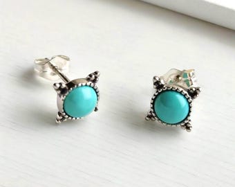 Sterling Silver Turquoise Square Stud Earrings – Minimalist Boho Tribal Jewelry