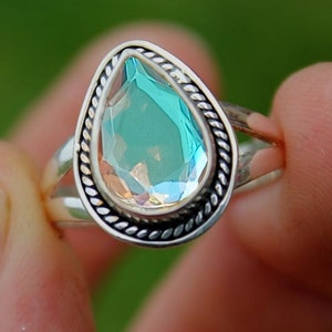 Angel Aura Quartz Ring, Pear Shaped Iridescent Silver Gemstone, Boho Statement Jewelry
