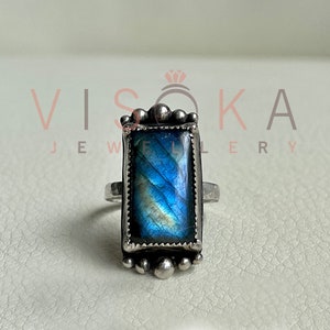 100% Labradorite Ring, Natural Stone Ring for Women, Handmade Silver Ring, Traditional Ring, Gift for Her, Birth Stone Ring.