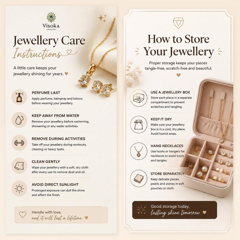 Op de afbeelding: Een infographic met de titel Jewellery Care Instructions en How to Store Your Jewellery. Het toont gouden sieraden, waaronder een ketting en oorbellen, en een beige sieradendoos met vakjes voor het opbergen van kettingen en ringen.