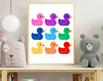 Stampa di anatre, stampa di uccelli, decorazioni per la cameretta dei bambini, arte di anatre, arte per la cameretta dei bambini, arte per il bagno, arte murale, stampa di arcobaleno, decorazioni per la cameretta dei bambini, arte per la cameretta dei bambini