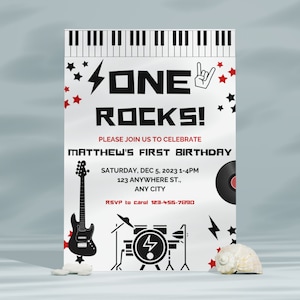 One Rocks  Birthday invitation, Rock star 1st Birthday Invitation, Rock and Roll Invites, Digital Download, Rockstar Music, Editable