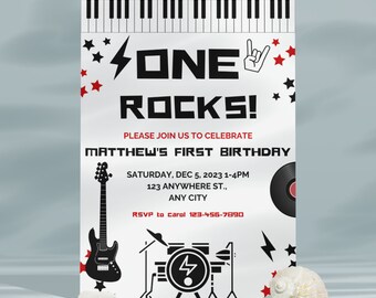 May include: A black and white birthday invitation with a red and black lightning bolt graphic and the text "ONE ROCKS!"  The invitation is for Matthew's first birthday and includes details about the date, time, and location of the party.  RSVP information is also included.