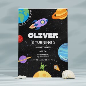 3 2 1 Decole! Aniversário com tema espacial EDITÁVEL, convite de aniversário espacial, convite de aniversário alienígena, aniversário de astronauta, espaço sideral