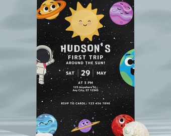 EDITABLE First Trip Around the Sun, Outer Space, First Birthday Invitation, Blast Off, Space, Astronaut, Printable Template Digital Download